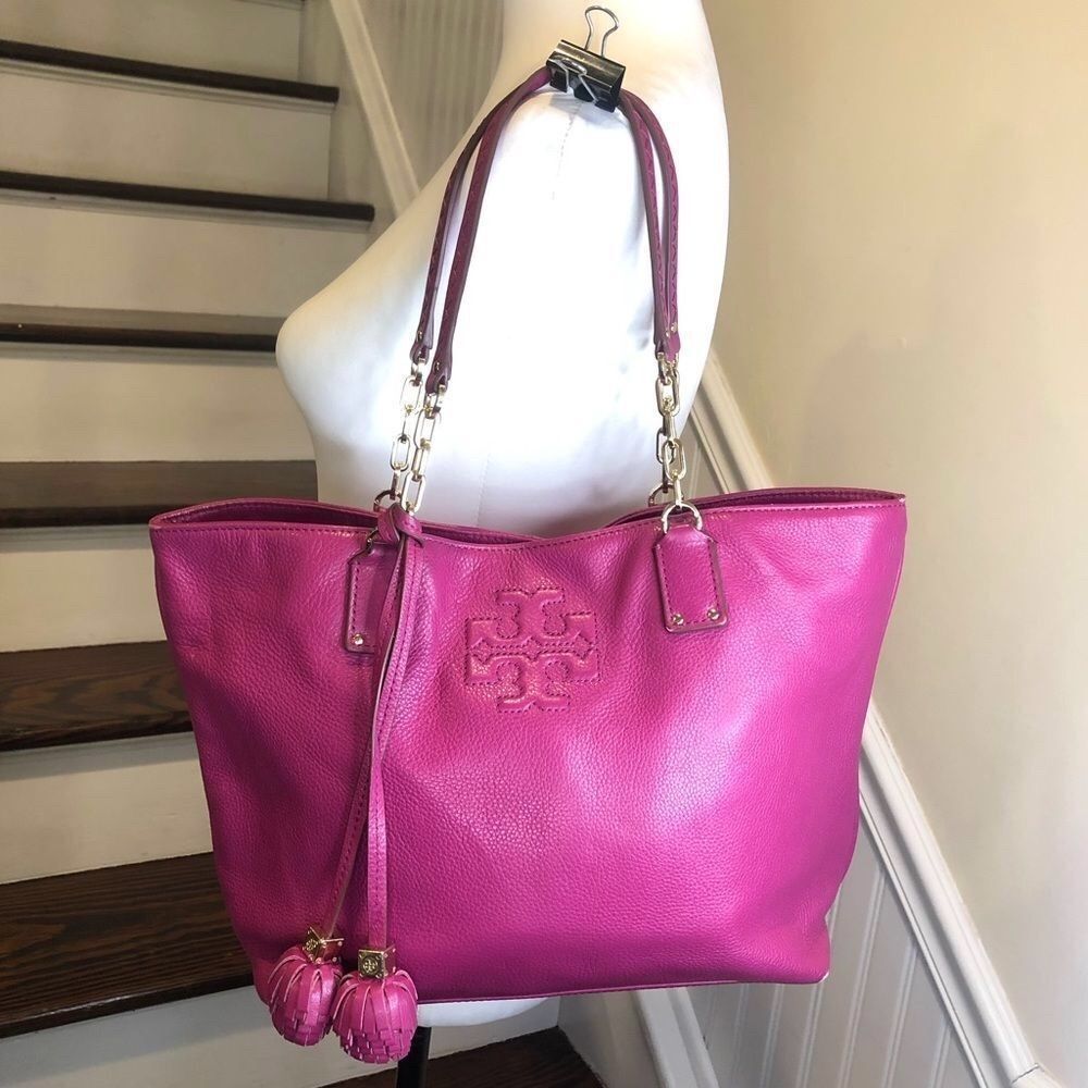 TORY BURCH Fuchsia Leather Shoulder Bag Embroidered Straps Tassel Accent